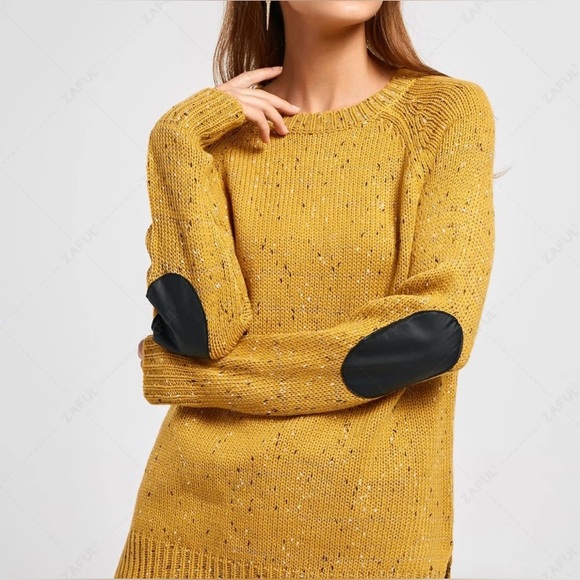 Le Lis back button style sweater. Elbow patch. Mustard/black/white. Size Medium - Picture 10 of 10